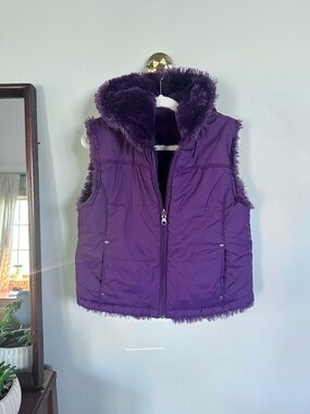 KC Collections Girls Purple Reversible Faux Fur Puffer Vest Hooded Size 7/8